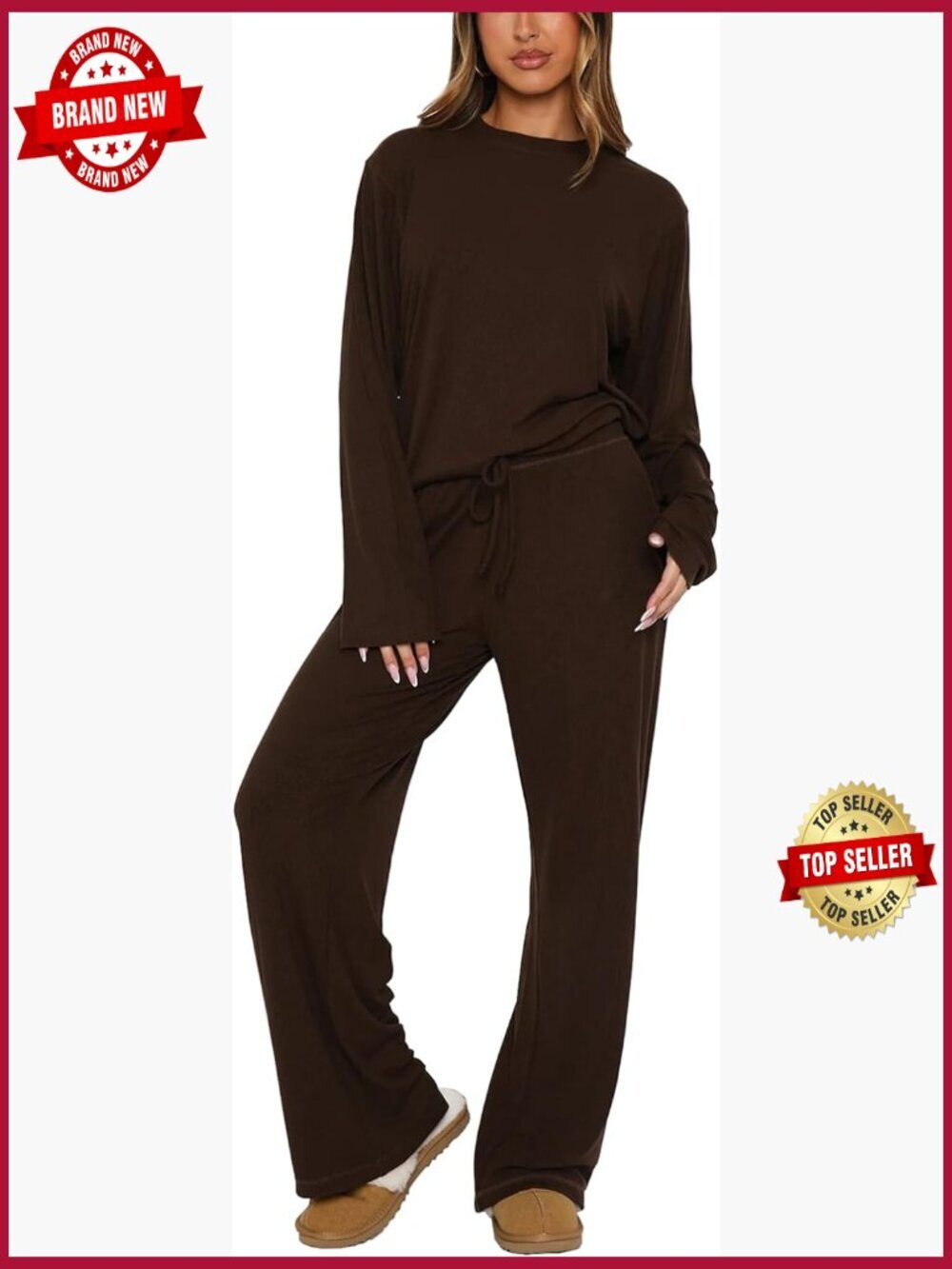 Ribbed Knit Lounge Set Long Sleeve Top Wide Leg Pants Cozy Matching 2 Piece